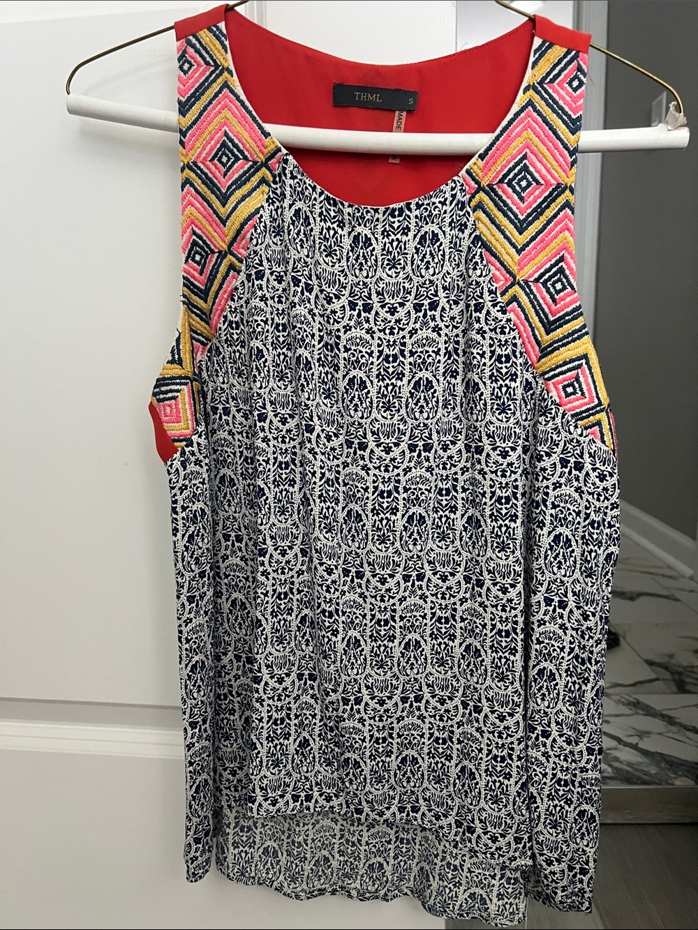 THML Navy & White Printed Tank with Neon Geo Embroidered Shoulder Trim